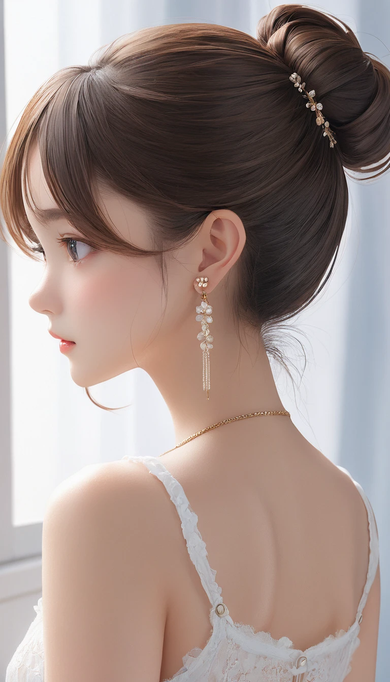 (masterpiece, Highest quality:1.2), One girl, alone,bony body、15 years old、half-up bun、Earrings