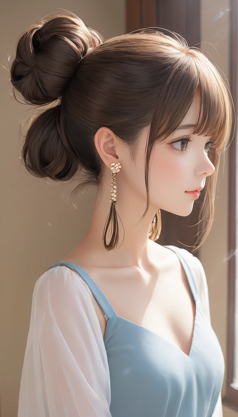 (masterpiece, Highest quality:1.2), One girl, alone,bony body、15 years old、half-up bun、Earrings