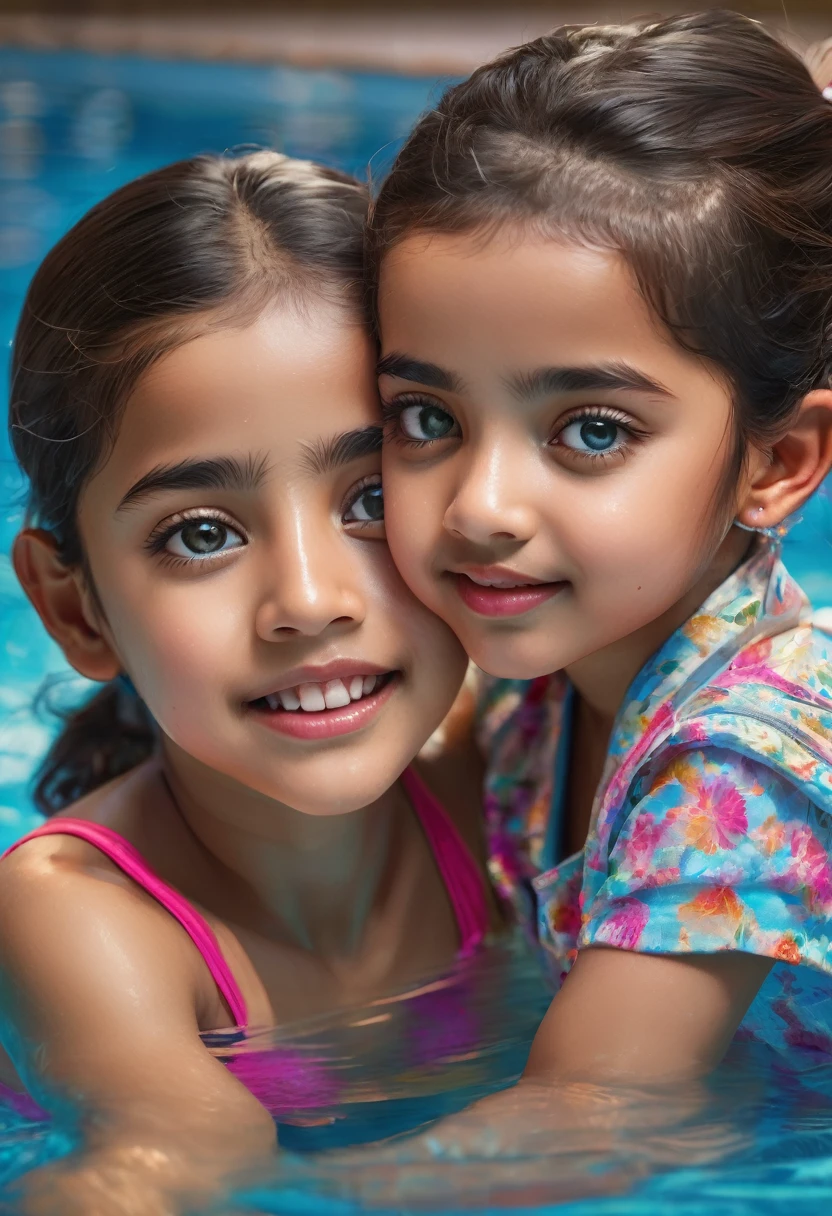 a brother and sister playing in a swimming pool, beautiful detailed eyes, beautiful detailed lips, extremely detailed eyes and face, long eyelashes, indian ethnicity, cute, full body view, 8k, hyperrealistic, volumetric lighting, intricate details, photorealistic, masterpiece, vibrant colors, studio lighting, sharp focus, physically-based rendering