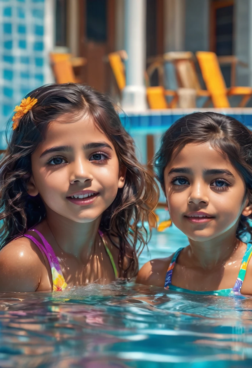 a brother and sister playing in a swimming pool, beautiful detailed eyes, beautiful detailed lips, extremely detailed eyes and face, long eyelashes, indian ethnicity, cute, full body view, 8k, hyperrealistic, volumetric lighting, intricate details, photorealistic, masterpiece, vibrant colors, studio lighting, sharp focus, physically-based rendering