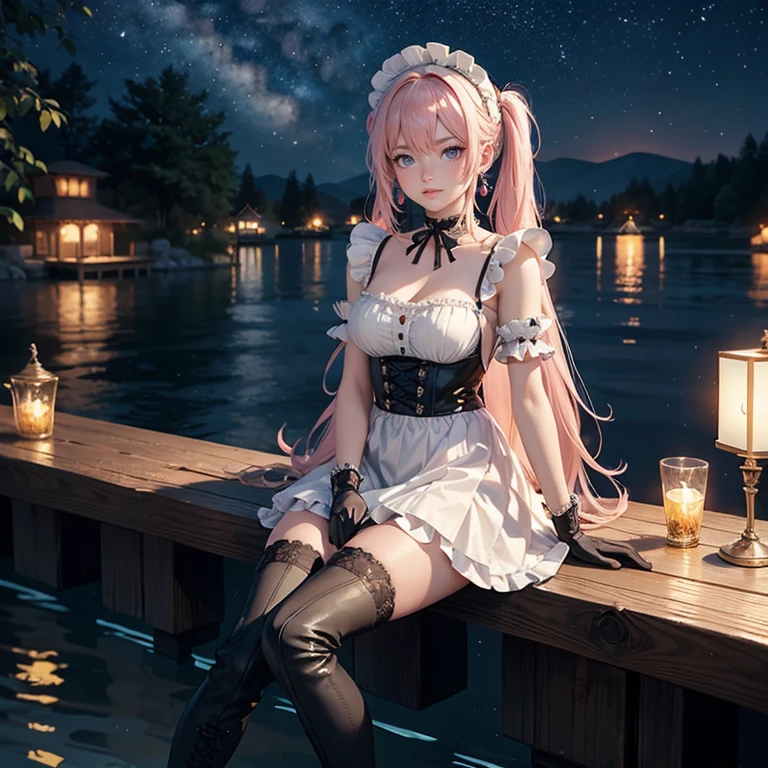 1girl, maid dress, jewelry, pink hair, flowing hair, long hair, white roses, lower pigtails, firefly, oriental architecture, maid dress with a short skirt and layers, frills, black laces, dress with transparency, gold details on her clothes, lake, seat on the water, a garden with lake scenery, more details, night sky, perfectly body, perfectly hands, two hands, two legs, two arms, five fingers, glowing hair, solo, alone, best quality, alone, maid headdress, choker, detached sleeves, maid dress, masterpiece, best quality, detailed face, night, asymmetrical gloves, bangs, short skirt , gloves, boots, night sky, earrings, elbow gloves, fishnet thigh highs, fish masterpiece, solo, best quality, detailed face, gloves, hair between eyes, jewelry, long hair, looking at viewer, sky, solo, thigh boots, thigh highs, uneven gloves, sitting
