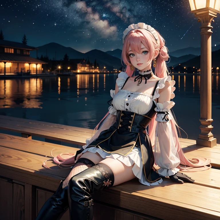 1girl, maid dress, jewelry, pink hair, flowing hair, long hair, white roses, lower pigtails, firefly, oriental architecture, maid dress with a short skirt and layers, frills, black laces, dress with transparency, gold details on her clothes, lake, seat on the water, a garden with lake scenery, more details, night sky, perfectly body, perfectly hands, two hands, two legs, two arms, five fingers, glowing hair, solo, alone, best quality, alone, maid headdress, choker, detached sleeves, maid dress, masterpiece, best quality, detailed face, night, asymmetrical gloves, bangs, short skirt , gloves, boots, night sky, earrings, elbow gloves, fishnet thigh highs, fish masterpiece, solo, best quality, detailed face, gloves, hair between eyes, jewelry, long hair, looking at viewer, sky, solo, thigh boots, thigh highs, uneven gloves, sitting