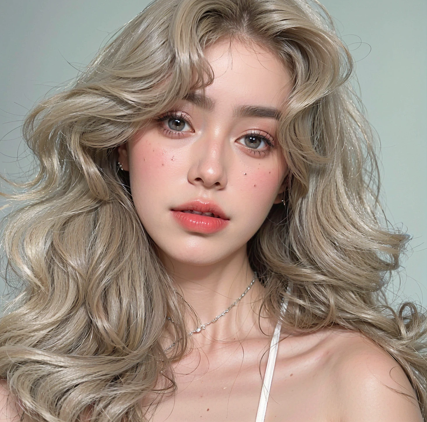 beautiful woman , (Masterpiece),((ultra detailed)), (highly detailed CG illustration),(Expressionless), (Best Quality:1.2),(1 girl:1.2),High quality texture, intricate details, Detailed texture, a realistic representation of the face and person, detailed beautiful delicate face, Beautiful and delicate detailed eyes., eye pupil a face of perfect proportions, depth of field, perspective,20 years, thin face, (large eyes:1.2),blush,bright lips, perfect body, Skinny body, (narrow waist:1.3), medium chest, distinct_image, (shiny and pale skin), focus on the face , (Long curly blonde hair ), (beautiful finely detailed eyes and detailed face), (by white ), contrast  ((wide))