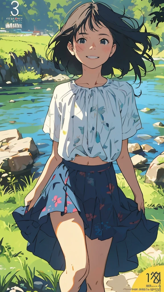 reasonable design, Clear lines, High Sharpness, (highest quality,8K,Perfect sharpness,Ultra fine,High resolution,masterpiece:1.2), Perfect Anatomy:1.5, Official Art, Illustrations that tell a story, (Whitish background:0. 9)、Body Positivity、More Mr.Physical expression、(Random and mischievous poses)、Perfect beauty、Perfect beautiful face、Strong winds、A rich expression、Dynamic composition、smile、Golden ratio composition、colorful、(Mr.Different angles and perspectives)、anime art、mini skirt、(Overcoming stereotypes)、 Glowing Skin、(Natural beauty)、smile、bangs、Straight Hair、(Soft and flowing hair)、(Rural Scenery)、(Nostalgic atmosphere)、Insert up to the thighs、(Playful and carefree)、(More Mr.Ethnic characters)、(innocent attitude)、(Sunny atmosphere)、Skirt flipped up、(Bright colors)、Belly button exposed、Beautiful Eyes、A skirt fluttering in the wind、Put it in to your feet、Some composition patterns、sensuous、Geometric pattern、emotional、Symposium cover、