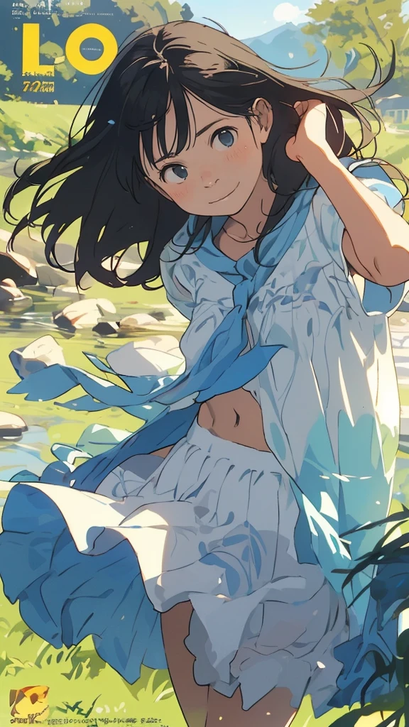 reasonable design, Clear lines, High Sharpness, (highest quality,8K,Perfect sharpness,Ultra fine,High resolution,masterpiece:1.2), Perfect Anatomy:1.5, Official Art, Illustrations that tell a story, (Whitish background:0. 9)、Body Positivity、More Mr.Physical expression、(Random and mischievous poses)、Perfect beauty、Perfect beautiful face、Strong winds、A rich expression、Dynamic composition、smile、Golden ratio composition、colorful、(Mr.Different angles and perspectives)、anime art、mini skirt、(Overcoming stereotypes)、 Glowing Skin、(Natural beauty)、smile、bangs、Straight Hair、(Soft and flowing hair)、(Rural Scenery)、(Nostalgic atmosphere)、Insert up to the thighs、(Playful and carefree)、(More Mr.Ethnic characters)、(innocent attitude)、(Sunny atmosphere)、Skirt flipped up、(Bright colors)、Belly button exposed、Beautiful Eyes、A skirt fluttering in the wind、Put it in to your feet、Some composition patterns、sensuous、Geometric pattern、emotional、Symposium cover、