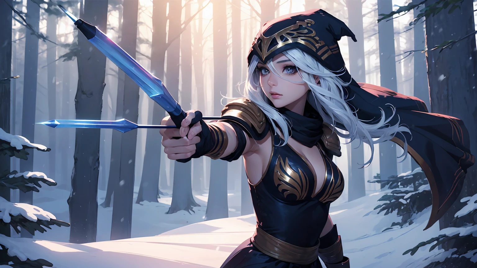 league of legends Ashe, warrior, (masterpiece, best quality), beautiful woman, soft light, outdoor snowy forest of pine trees, perfect face, beautiful face, perfect slim fit body, hoding a bow and arrow, (standing), abstract background, bright colors, medium breasts, (solo), sexy