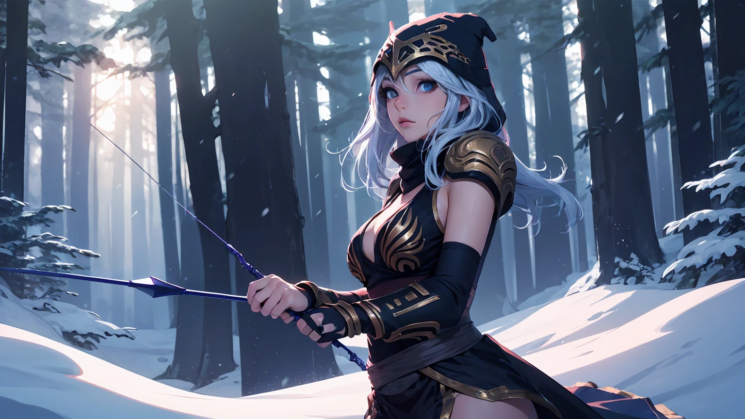 league of legends Ashe, warrior, (masterpiece, best quality), beautiful woman, soft light, outdoor snowy forest of pine trees, perfect face, beautiful face, perfect slim fit body, hoding a bow and arrow, (standing), abstract background, bright colors, medium breasts, (solo), sexy