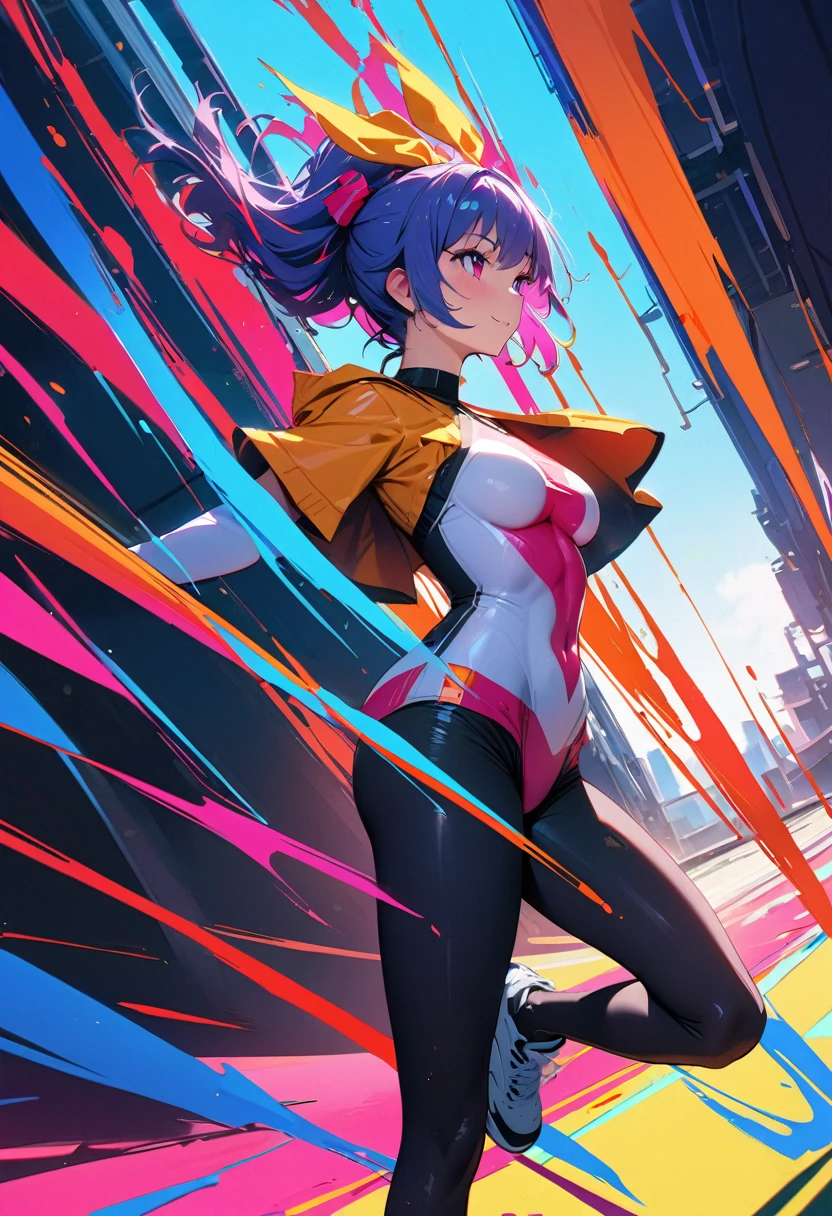20 years old ,masterpiece , modern, Verism, masterpiece, super detail, best quality, 4K , sunny、athlete、Jump、girl、Dynamic configuration、Vibrant colors, Bold brushstrokes, High contrast shadows. In the foreground,