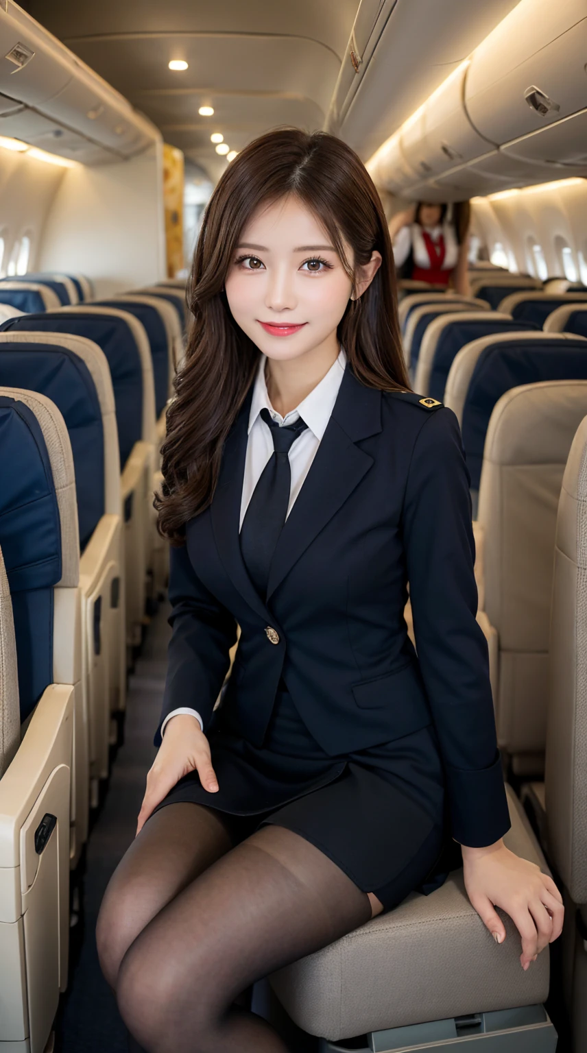 highest quality、table top、8k、best image quality、Award-winning work), two beautiful women、radiant beautiful skin , masterpiece、top-quality、The ultra -The high-definition、depth of fields、lens flare 1 girl、、brown hair, watching at viewers glares, large breasts , stewardess uniform, ( stewardess blazer:1.3), shirt, short skirt, (black high heels), perfect legs, sitting, crossed legs, view from below, smiling , flight cabin, pantyhose