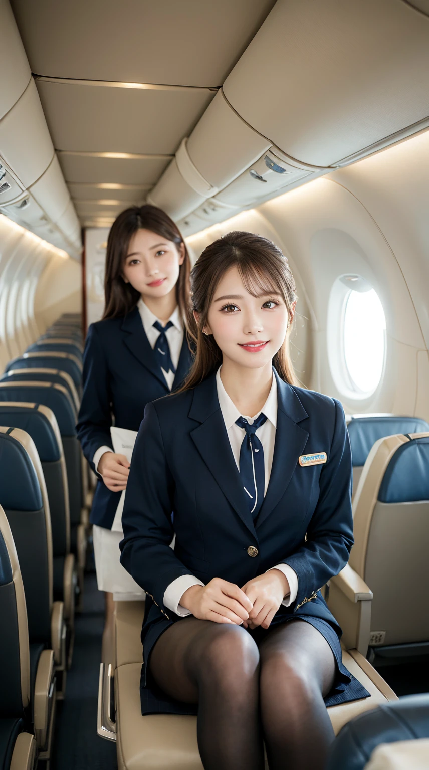 highest quality、table top、8k、best image quality、Award-winning work), two beautiful women、radiant beautiful skin , masterpiece、top-quality、The ultra -The high-definition、depth of fields、lens flare 1 girl、、brown hair, watching at viewers glares, large breasts , stewardess uniform, ( stewardess blazer:1.3), shirt, short skirt, (black high heels), perfect legs, sitting, crossed legs, view from below, smiling , flight cabin, pantyhose