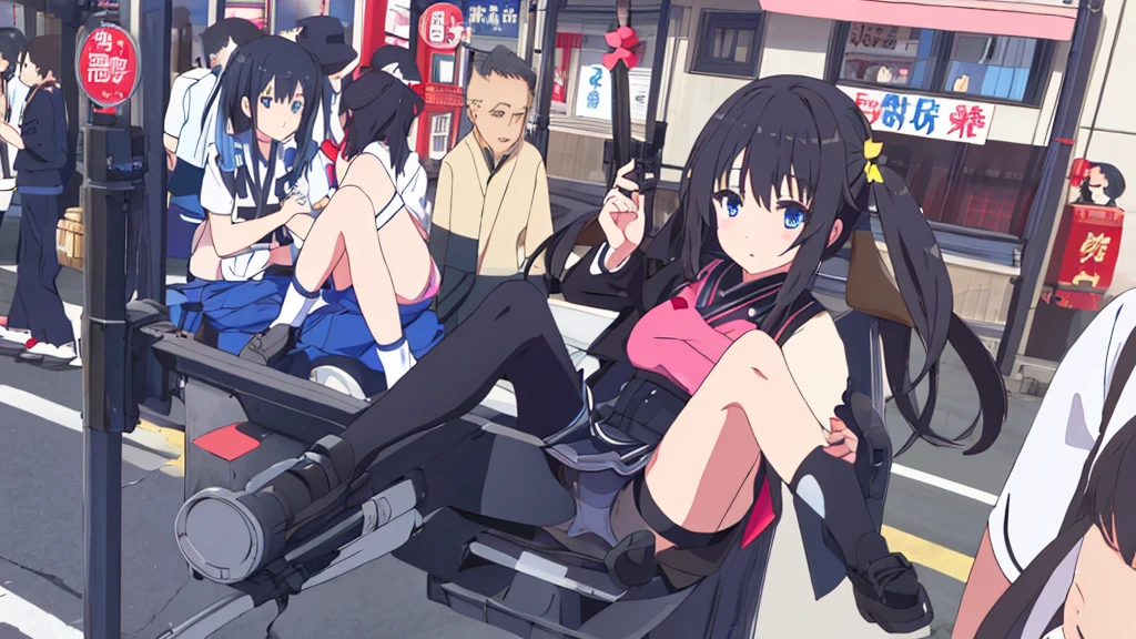 beautiful beautiful girl black uniform with miniskirt white stockings with black hair blue blue eyes on the japanese street akihabara swastika pink panties high quality details
