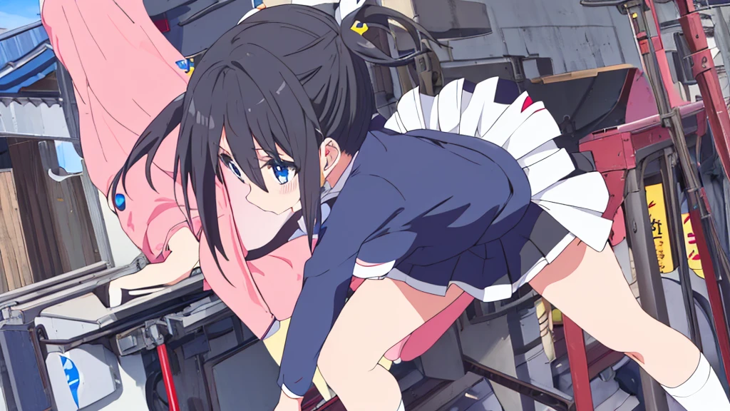 beautiful beautiful girl black uniform with miniskirt white stockings with black hair blue blue eyes on the japanese street akihabara swastika pink panties high quality details