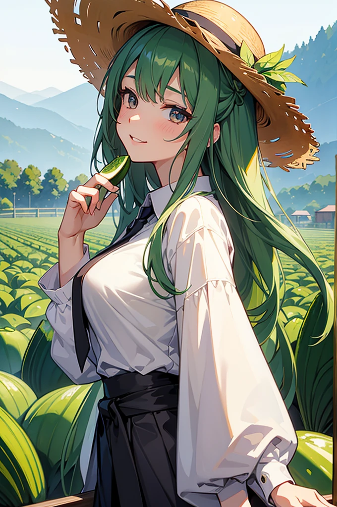 masterpiece, best quality, ultra detailed, 4K, no bad anatomy and fingers, beautiful young girl harvesting cucumbers, 20-year-old beautiful girl in a long-sleeve work outfit and a straw hat, shiny hair and eyes, sweating, smiling, resembling Prinz Adalbert or Anchorage from Azur Lane, cucumber field run by professional farmers in Shizuoka, delicious-looking cucumbers, Alps mountains visible in the distance, anime style, layered watercolor painting, rustic, triangular composition, cinematic