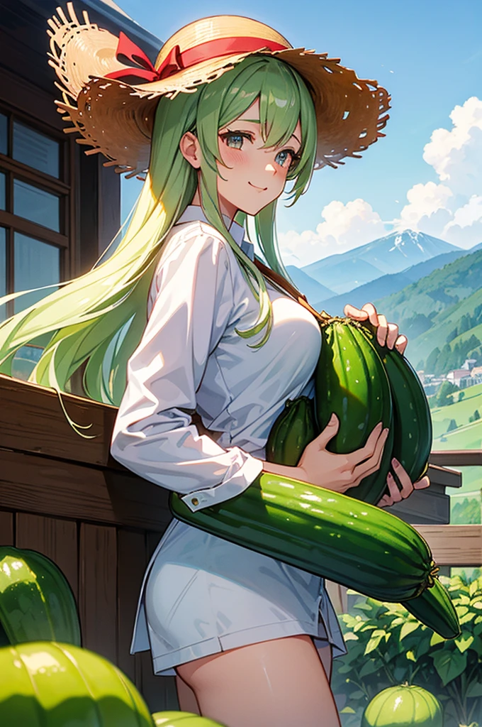 masterpiece, best quality, ultra detailed, 4K, no bad anatomy and fingers, beautiful young girl harvesting cucumbers, 20-year-old beautiful girl in a long-sleeve work outfit and a straw hat, shiny hair and eyes, sweating, smiling, resembling Prinz Adalbert or Anchorage from Azur Lane, cucumber field run by professional farmers in Shizuoka, delicious-looking cucumbers, Alps mountains visible in the distance, anime style, layered watercolor painting, rustic, triangular composition, cinematic