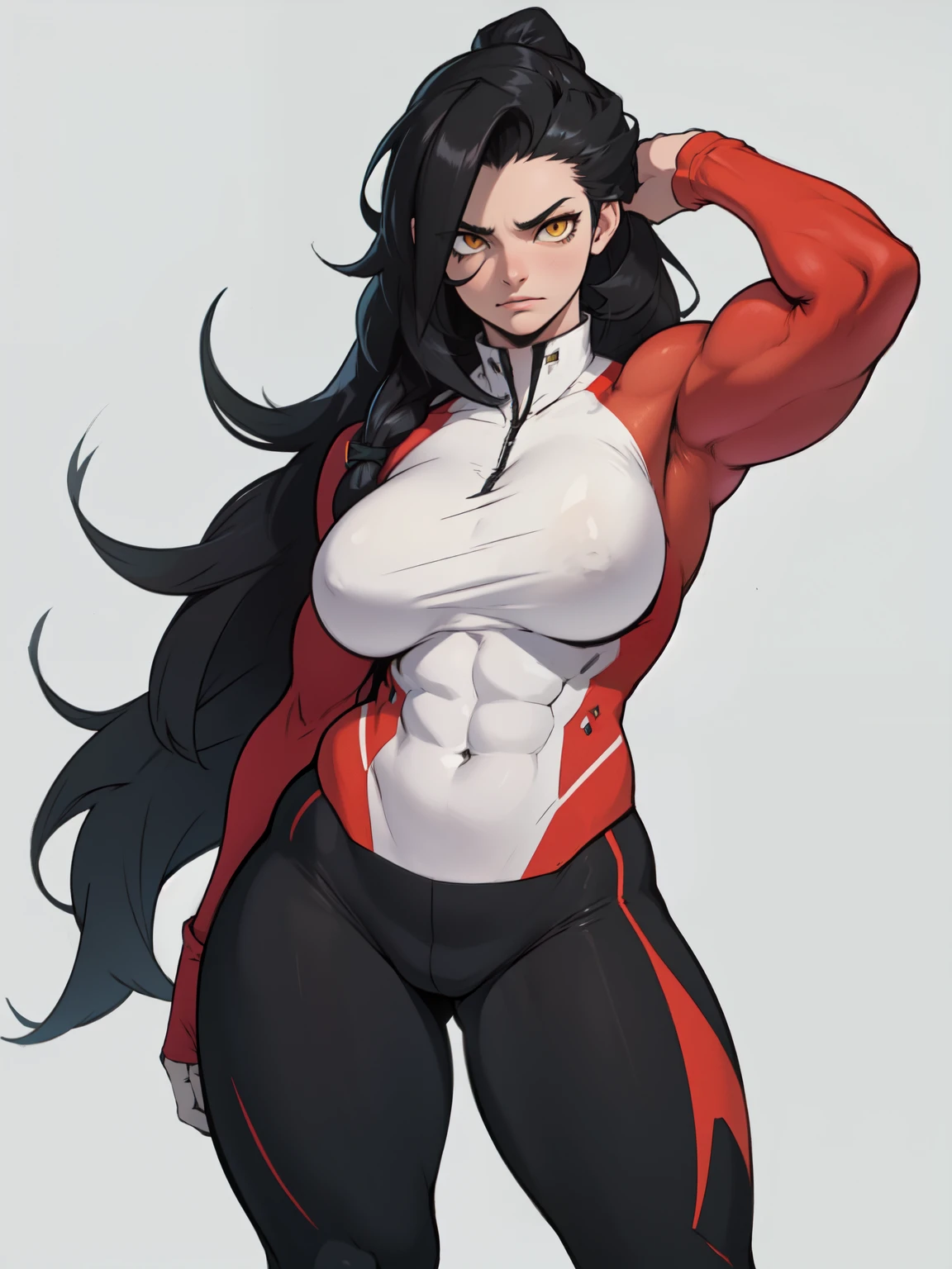 sad solo standing skintight ((muscular girl)) toned body massive breasts yellow eyes black hair pale skin thick very long hair very long hair