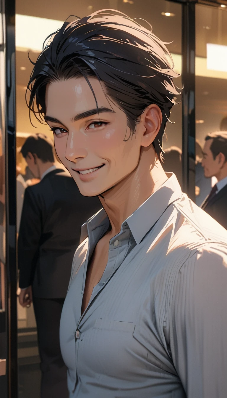50 years old ,masterpiece , modern, Verism, masterpiece, super detail, best quality, 4K , A handsome man, black hair, short hair, light smile, happy