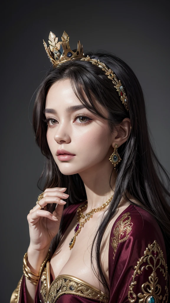 A stunning portrait photograph of a regal woman, adorned in opulent attire and jewels. She wears a magnificent golden crown with an eye-catching blue gem, complemented by golden earrings and a necklace adorned with turquoise stones. Her long, wavy black hair cascades down her back, framing her face elegantly. The woman is draped in a luxurious maroon-colored robe with intricate gold detailing, accentuating her curves. She holds a small object in her hand, possibly a ring, adding a touch of mystery to the image. The muted gray background highlights the woman's beauty and grandeur, making her the focal point of the photograph., portrait photography, poster, photo