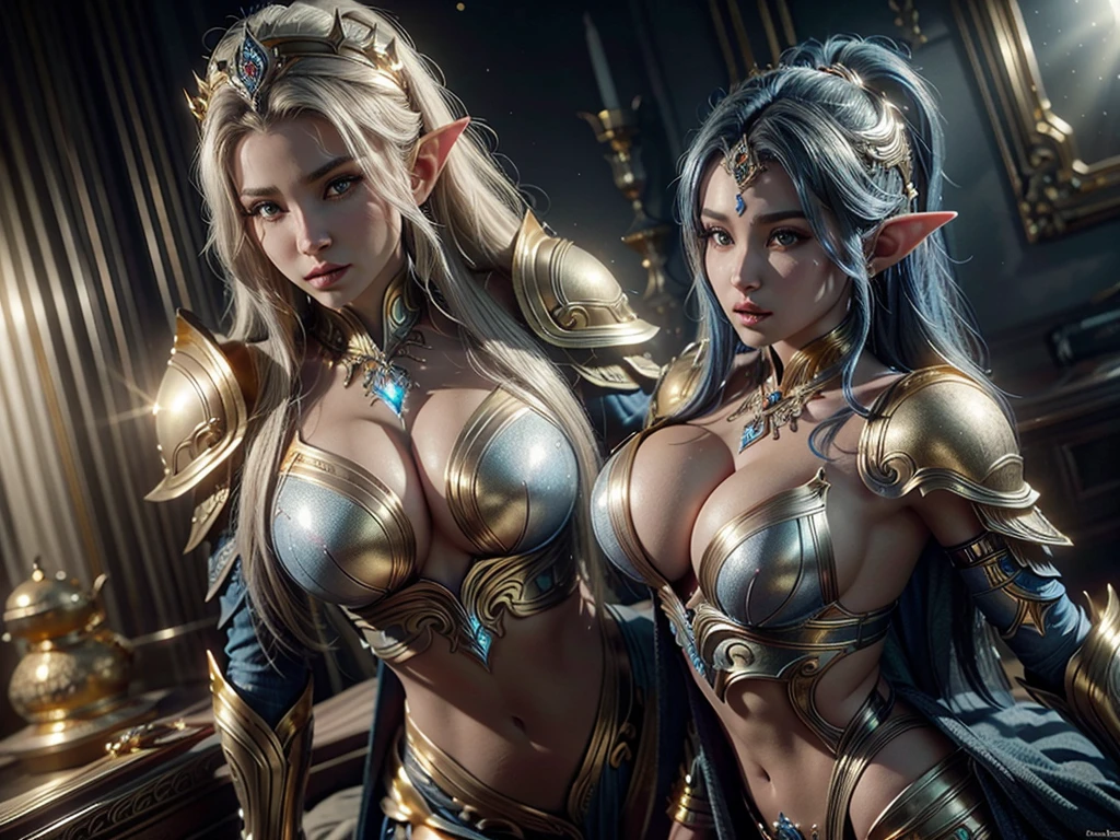 Hyper-realistic masterpiece, the character realistic and rendered in stunning 300K resolution, cinematic. Elf Queen Body Toned Gypsy Warrior Full Armor Made of Blue Titanium Reflecting Light ((Thick Gold Detail Edges))