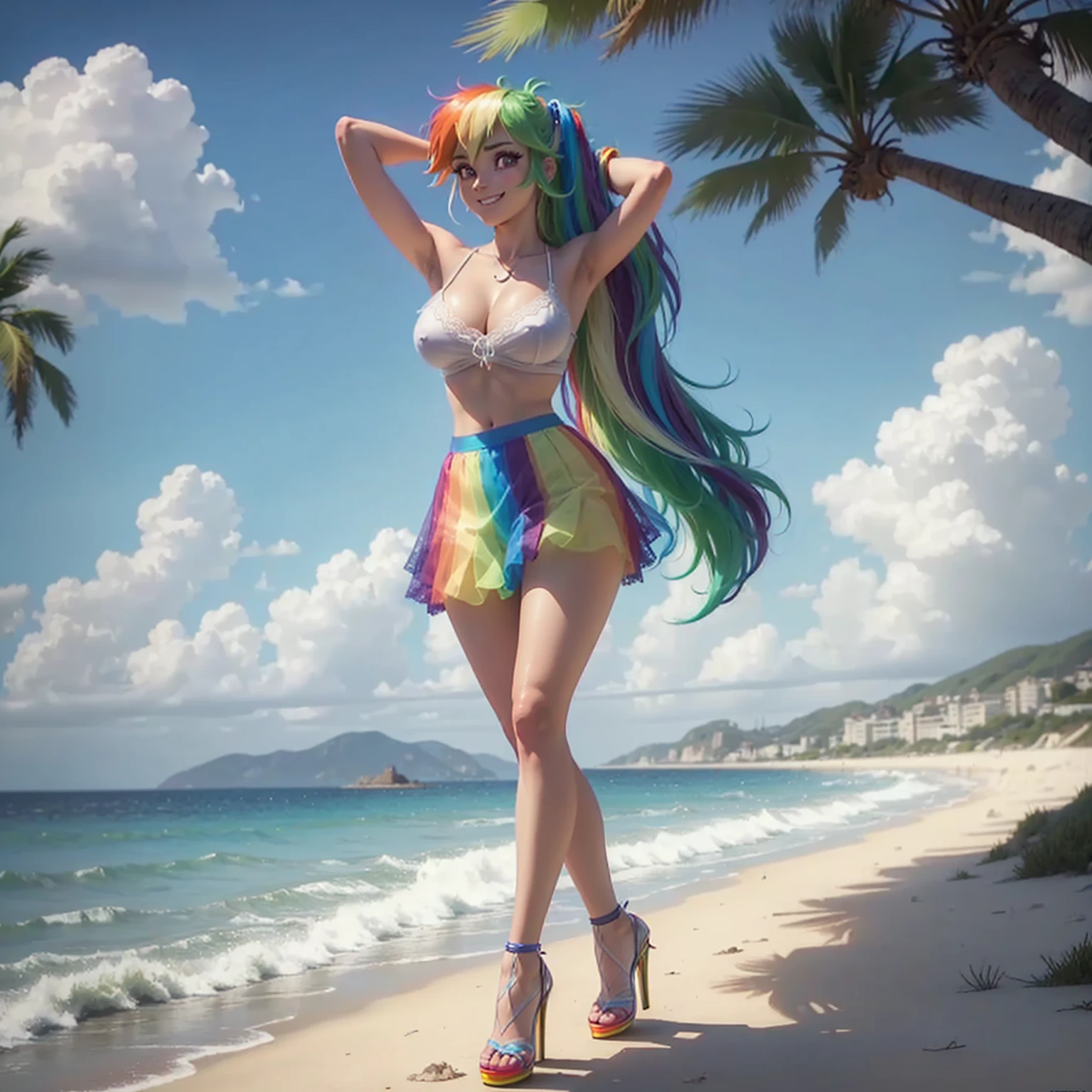 (((rainbowdash as a 16yo girl))) , (((perfect body))) , (((happy wicked smile))),(((wind blowing hair))) ,(((outdoor))) ,(((sea in background))) , (((walking in beach hands behind head))), (((very long hair))) , (((wind blowing fantasy sheer lace transparent see through rainbow color skirt))) , breasts are visible , (((wear high heels))) , (((full body))) , bracelets , (((perfect big breasts))) , lush breasts , Bulky Breasts , voluminous breasts ,(((peeping the viewer eye contact)))