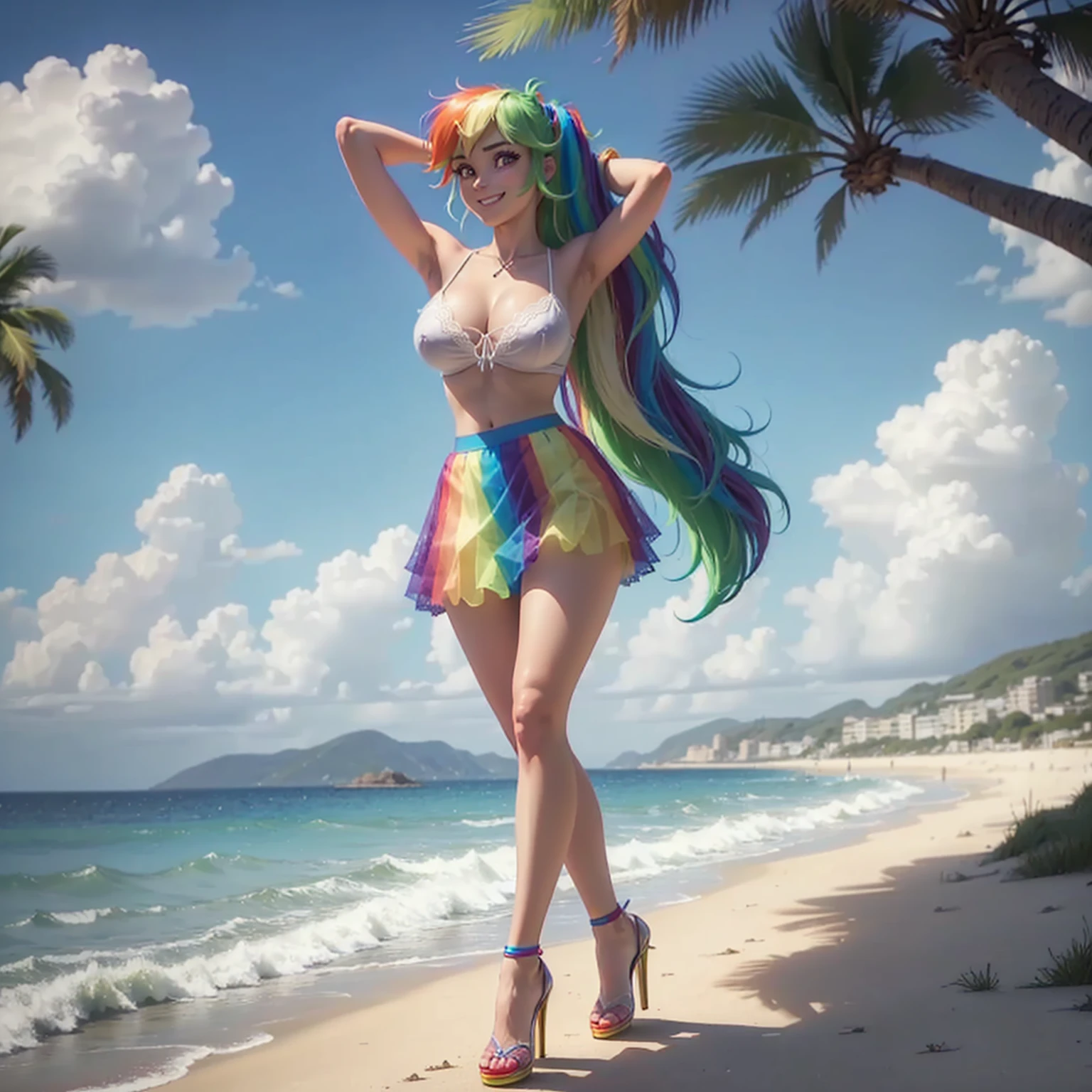 (((rainbowdash as a  girl))) , (((perfect body))) , (((happy wicked smile))),(((wind blowing hair))) ,(((outdoor))) ,(((sea in background))) , (((walking in beach hands behind head))), (((very long hair))) , (((wind blowing fantasy sheer lace transparent see through rainbow color skirt))) , breasts are visible , (((wear high heels))) , (((full body))) , bracelets , (((perfect big breasts))) , lush breasts , Bulky Breasts , voluminous breasts ,(((peeping the viewer eye contact)))