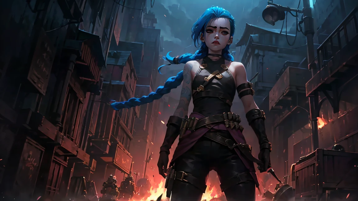 (masterpiece, Best quality), 1 girl, portrait very detailed face,, very sexy, full length (full body 1.1.), crazy look, smile, crying, pink tears, tears on the cheeks, tears from eyes, очень feminine, fighting stance, battle, fire, explosions, burning city, beautiful waist, gloomy composition, flame, fire, Flash, very beautiful, feminine, long hair, hair braided in long braids, very sexy, tight leather pants, emphasis on the eyes, emphasis on the face, Beautiful face, hands, hair, haired ponytail, red purple eyes, Джинкс crying, Blue cloud tattoo, (masterpiece, Best quality), Side lighting, beautiful detailed eyes, crazy face), (Best quality), (masterpiece), magic photography, Spectacular lighting, photorealism, ultra detailed, intimate portrait composition, 1. 4,8 K UHD, aesthetic, Cd., a high resolution, 8 K, Better lighting, Best shade, Ultra-HD, a high resolution, Sharp Focus, complex background, cinematic lighting, ((Landscape view)), 4K block, (Better lighting), ((cinematic lighting)),
