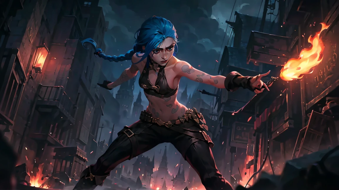 (masterpiece, Best quality), 1 girl, portrait very detailed face,, very sexy, full length (full body 1.1.), crazy look, smile, crying, pink tears, tears on the cheeks, tears from eyes, очень feminine, fighting stance, battle, fire, explosions, burning city, beautiful waist, gloomy composition, flame, fire, Flash, very beautiful, feminine, long hair, hair braided in long braids, very sexy, tight leather pants, emphasis on the eyes, emphasis on the face, Beautiful face, hands, hair, haired ponytail, red purple eyes, Джинкс crying, Blue cloud tattoo, (masterpiece, Best quality), Side lighting, beautiful detailed eyes, crazy face), (Best quality), (masterpiece), magic photography, Spectacular lighting, photorealism, ultra detailed, intimate portrait composition, 1. 4,8 K UHD, aesthetic, Cd., a high resolution, 8 K, Better lighting, Best shade, Ultra-HD, a high resolution, Sharp Focus, complex background, cinematic lighting, ((Landscape view)), 4K block, (Better lighting), ((cinematic lighting)),