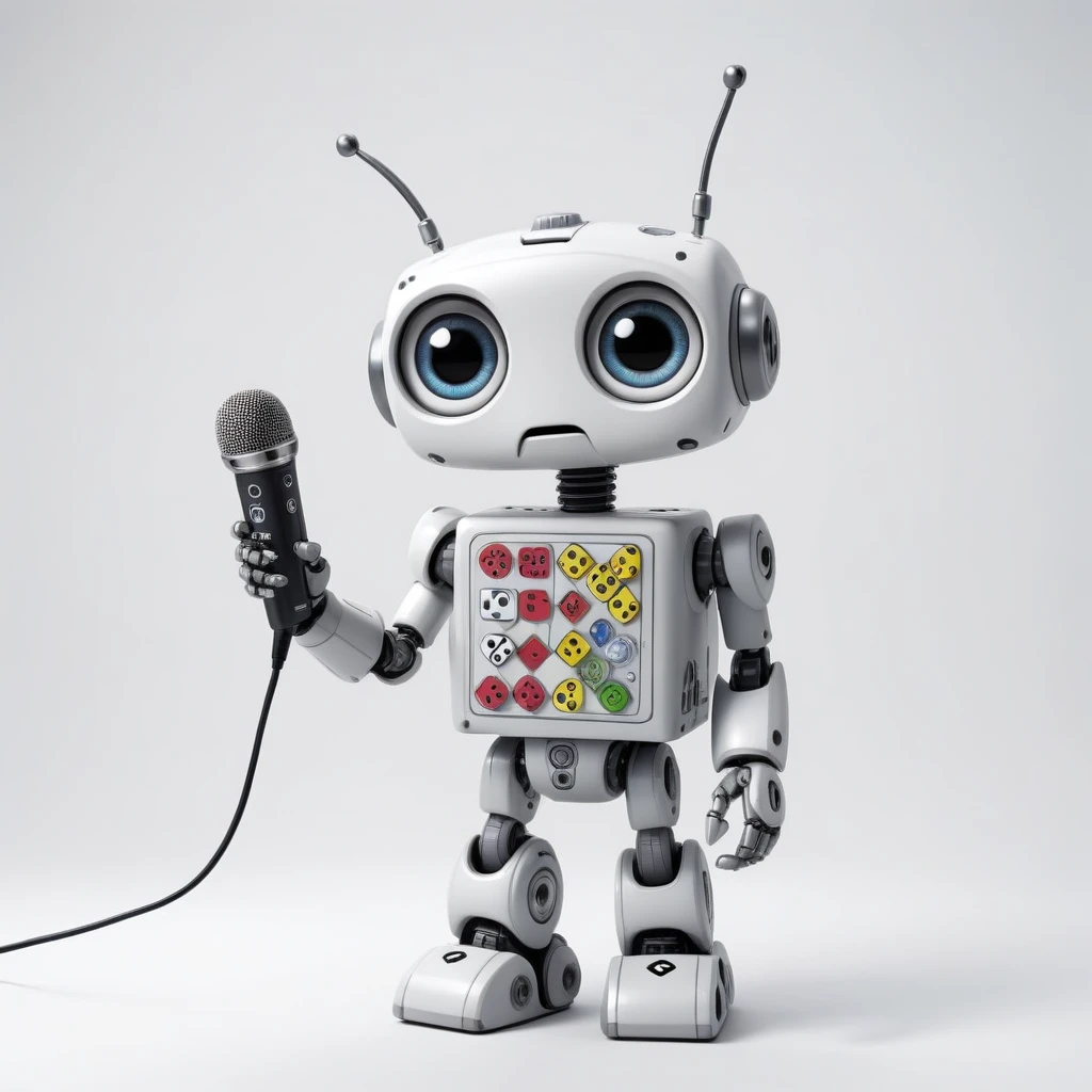 「Lost in the digital world」、A cartoon-style robot with a dice motif,Big eyes,antenna,Electronic display panel on chest、Holding the microphone close to his mouth while speaking、whole body、Background is white