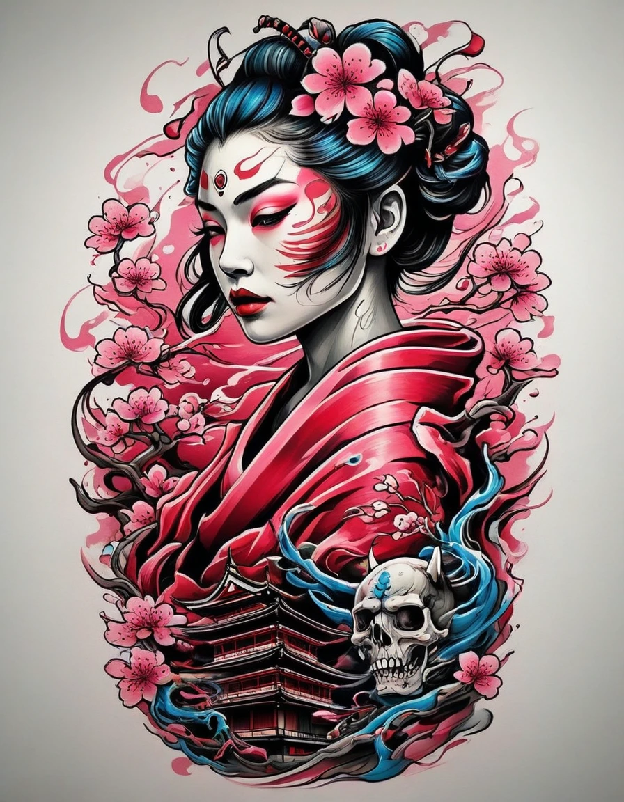 creative illustration of a tattooed geisha with hannya mask , cherry blossom, skulls, japanese writing, fantasy style by dan mumford, frank franzetta, sketch, white, electric pink, blue, red and yellow outlines, bright colors, logo style, negative space