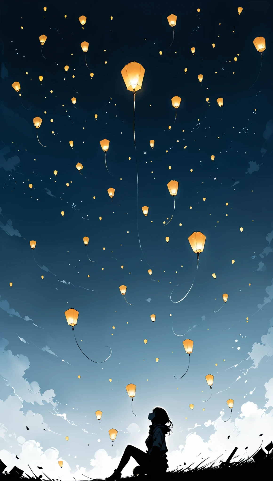 (in style of Ashley Wood:1.1),
1girl,knees apart feet together,?,large areas of white space,black_background,minimalist background,sitting,at the bottom of the screen,(looking up side:1.5),from the side,comic,The sky is full of Dodge blue sky lanterns