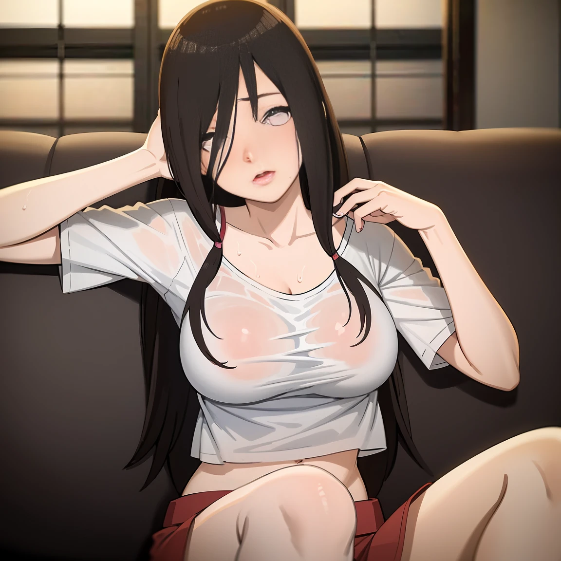 masterpiece, Very detailed, best quality, Ultra-high resolution, 1 Girl, Solitary, (Snow outside the window,exist(bamboo basket)by the fire,Sweating,blush),(中等breast), breast, (Hana and Hinata:1), (White T-shirt,Short skirt,sofa,), cleveage, From the front,sit,existsofa上,black eyes,White eyes,((living room,))