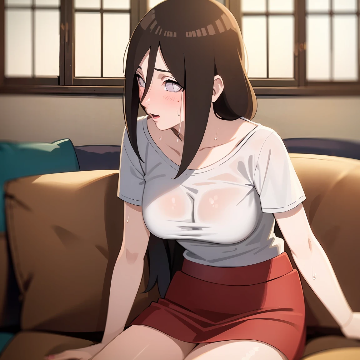 masterpiece, Very detailed, best quality, Ultra-high resolution, 1 Girl, Solitary, （Snow outside the window，exist（bamboo basket）by the fire，Sweating，blush），(中等breast), breast, (Hana and Hinata:1), (White T-shirt，Short skirt，sofa，), cleveage, From the front，sit，existsofa上，black eyes，White eyes，（（living room，））