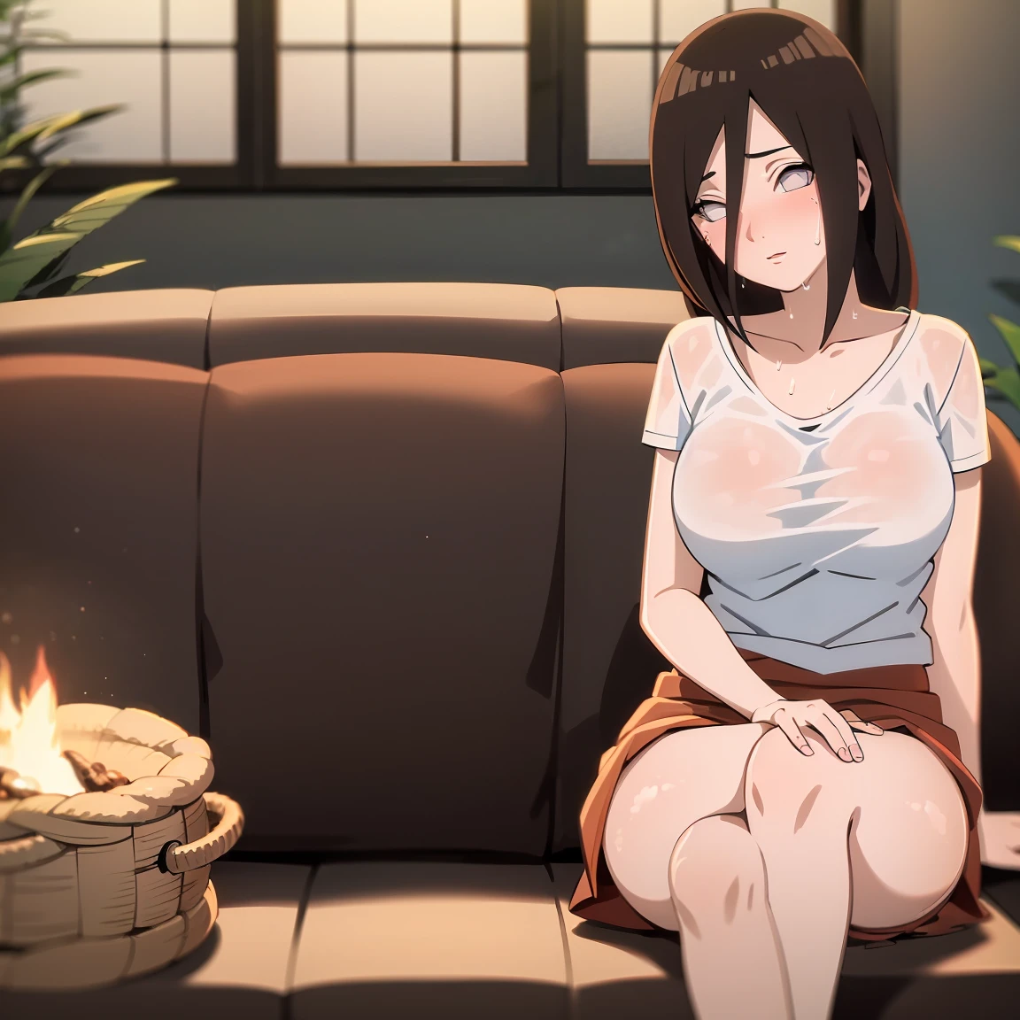 masterpiece, Very detailed, best quality, Ultra-high resolution, 1 Girl, Solitary, (Snow outside the window,exist(bamboo basket)by the fire,Sweating,blush),(中等breast), breast, (Hana and Hinata:1), (White T-shirt,Short skirt,sofa,), cleveage, From the front,sit,existsofa上,black eyes,White eyes,((living room,))