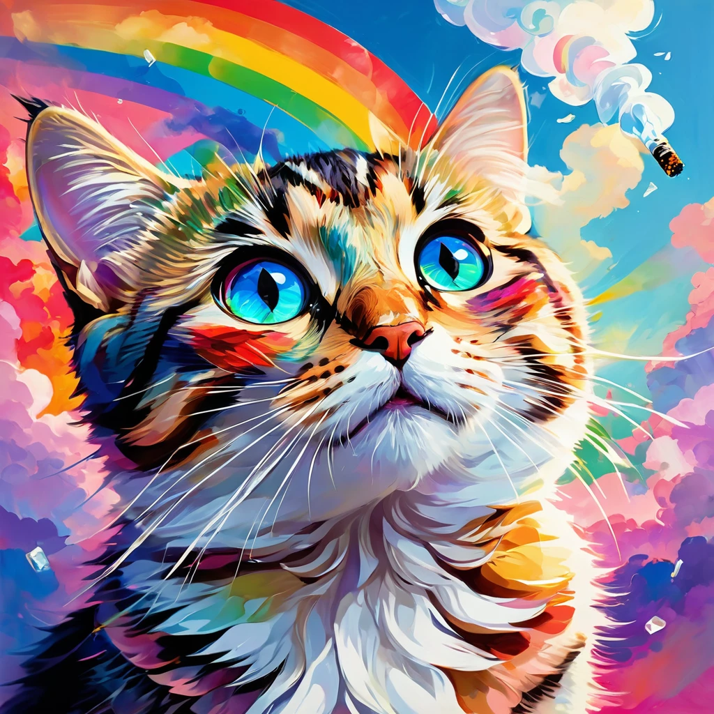 (((masterpiece))), ((Very detailed)), Cute abstract style, cigarette, In the sky, Colorful and vibrant, Mysterious colors, modern impressionism, Portrait of Yanjun Chen, Rainbow Perspective , Expanding Swirling Configuration, Big beautiful crystal eyes, Big Iris, 超High resolution, High resolution, 8k, The most beautiful portraits in the world, Little cat, Non-expressive, Color and shape, emotional expression, Imaginative
