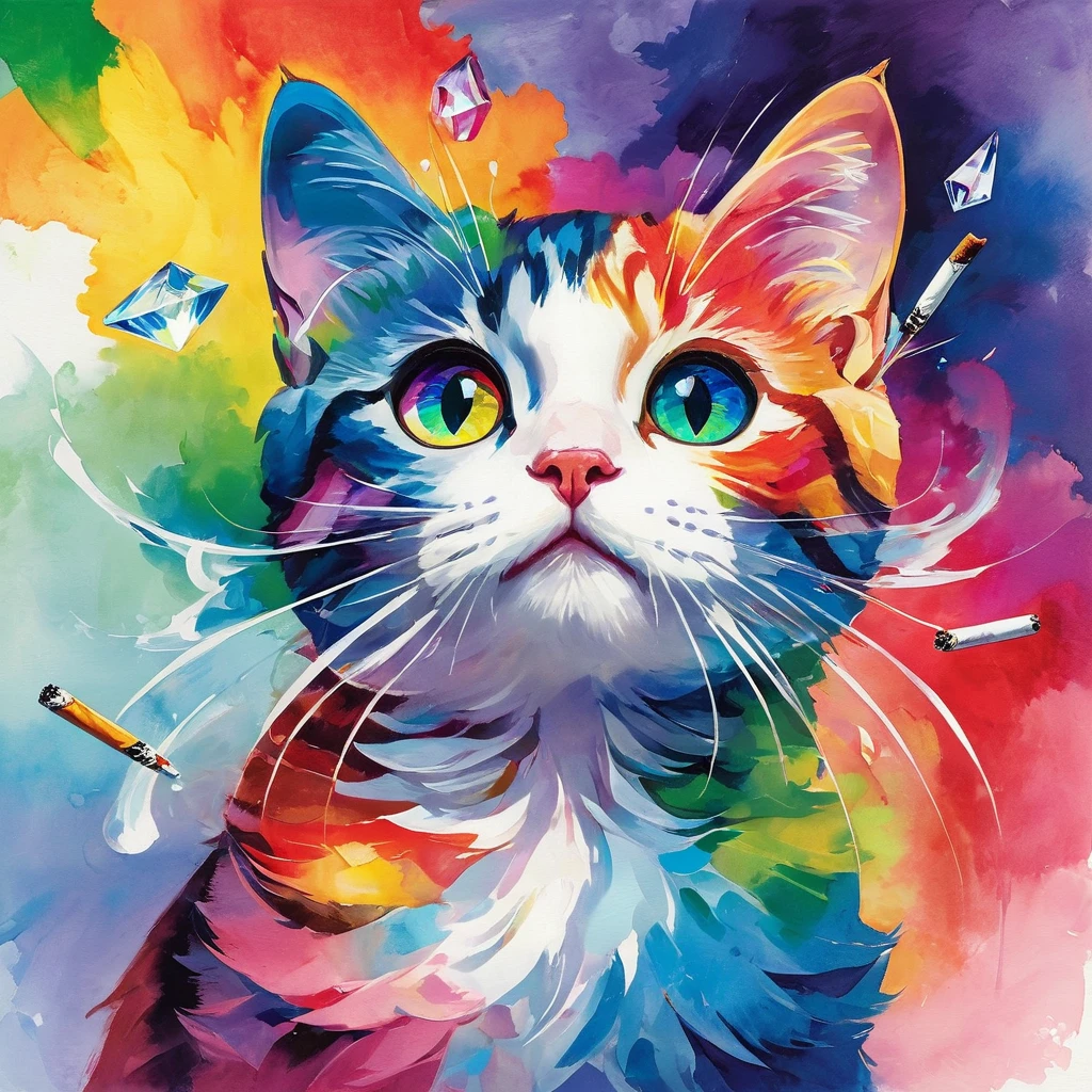 (((masterpiece))), ((Very detailed)), Cute abstract style, cigarette, In the sky, Colorful and vibrant, Mysterious colors, modern impressionism, Portrait of Yanjun Chen, Rainbow Perspective , Expanding Swirling Configuration, Big beautiful crystal eyes, Big Iris, 超High resolution, High resolution, 8k, The most beautiful portraits in the world, Little cat, Non-expressive, Color and shape, emotional expression, Imaginative