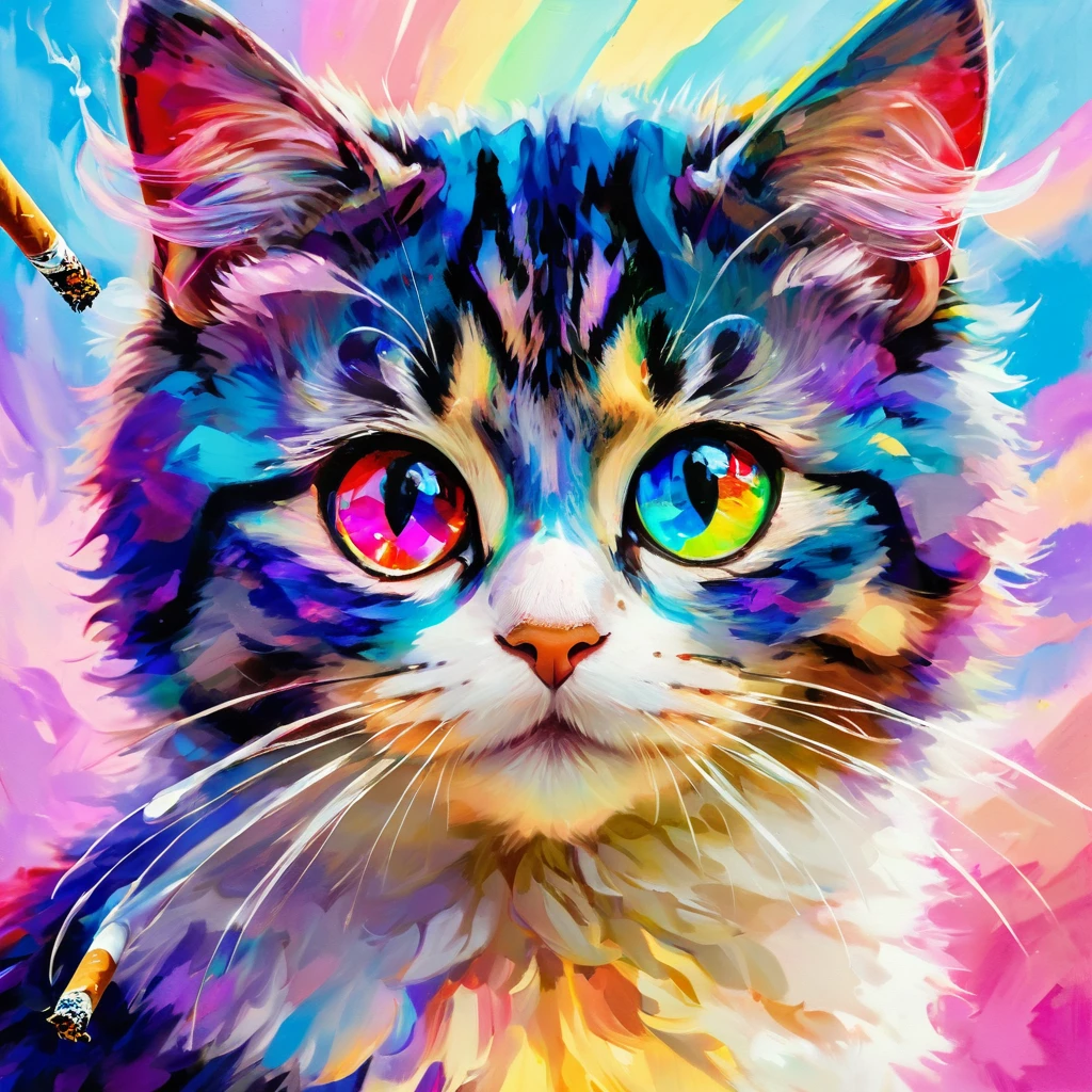 (((masterpiece))), ((Very detailed)), Cute abstract style, cigarette, In the sky, Colorful and vibrant, Mysterious colors, modern impressionism, Portrait of Yanjun Chen, Rainbow Perspective , Expanding Swirling Configuration, Big beautiful crystal eyes, Big Iris, 超High resolution, High resolution, 8k, The most beautiful portraits in the world, Little cat, Non-expressive, Color and shape, emotional expression, Imaginative