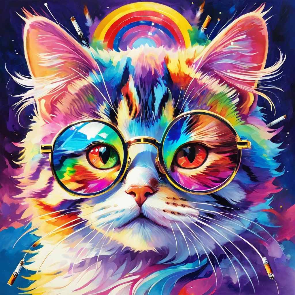 (((masterpiece))), ((Very detailed)), Cute abstract style, cigarette, In the sky, Colorful and vibrant, Mysterious colors, modern impressionism, Portrait of Yanjun Chen, Rainbow Perspective , Expanding Swirling Configuration, Big beautiful crystal eyes, Big Iris, 超High resolution, High resolution, 8k, The most beautiful portraits in the world, Little cat, Non-expressive, Color and shape, emotional expression, Imaginative