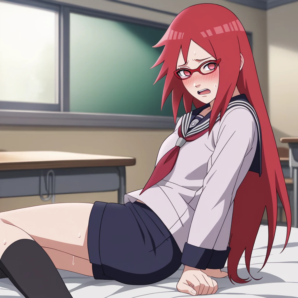 Red hair, 1 Girl, Glasses, Long hair, Red Eyes, Solitary, Sailor Suit, Black over-the-knee stockings, Black shorts, Umbilical cord, Looking at the audience,No students, Japanese cartoons screencap, Japanese cartoons coloring,src_Japanese cartoons,Naruto \(series\), Naruto shippuuden,((blush,nervous,Vision,classroom,bookshelf,sit on the chair,))masterpiece, absurd , (Intricate details), (Colorful), light, Extremely detailed CG Unity 8k wallpaper ,1 Girl, solo,(shy,classroom,night,blush,nervous,Sweating,蕾丝dress, ),sweat,blush,blush1.5,Blush,Medium chest,((dress,Black stockings,)),(dress,Lying in bed,Uncomfortable expression,Mouth open,spit)