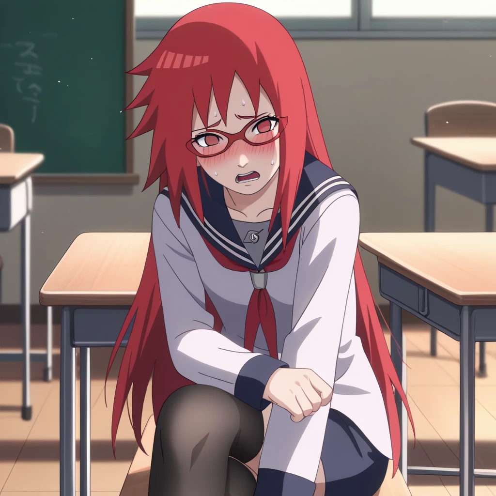 Red hair, 1 Girl, Glasses, Long hair, Red Eyes, Solitary, Sailor Suit, Black over-the-knee stockings, Black shorts, Umbilical cord, Looking at the audience，No students, Japanese cartoons screencap, Japanese cartoons coloring,src_Japanese cartoons,Naruto \(series\), Naruto shippuuden,（（blush，nervous，Vision，classroom，bookshelf，sit on the chair，））masterpiece， absurd ， （Intricate details）， （Colorful）， light， Extremely detailed CG Unity 8k wallpaper ，1 Girl， solo，（shy，classroom，night，blush，nervous，Sweating，蕾丝dress， ），sweat，blush，blush1.5，Blush，Medium chest，（（dress，Black stockings，）），（dress，Lying in bed，Uncomfortable expression，Mouth open，spit）