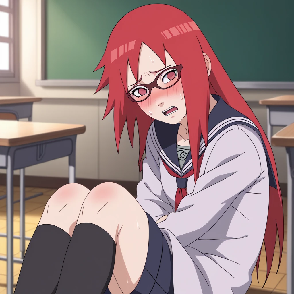 Red hair, 1 Girl, Glasses, Long hair, Red Eyes, Solitary, Sailor Suit, Black over-the-knee stockings, Black shorts, Umbilical cord, Looking at the audience,No students, Japanese cartoons screencap, Japanese cartoons coloring,src_Japanese cartoons,Naruto \(series\), Naruto shippuuden,((blush,nervous,Vision,classroom,bookshelf,sit on the chair,))masterpiece, absurd , (Intricate details), (Colorful), light, Extremely detailed CG Unity 8k wallpaper ,1 Girl, solo,(shy,classroom,night,blush,nervous,Sweating,蕾丝dress, ),sweat,blush,blush1.5,Blush,Medium chest,((dress,Black stockings,)),(dress,Lying in bed,Uncomfortable expression,Mouth open,spit)