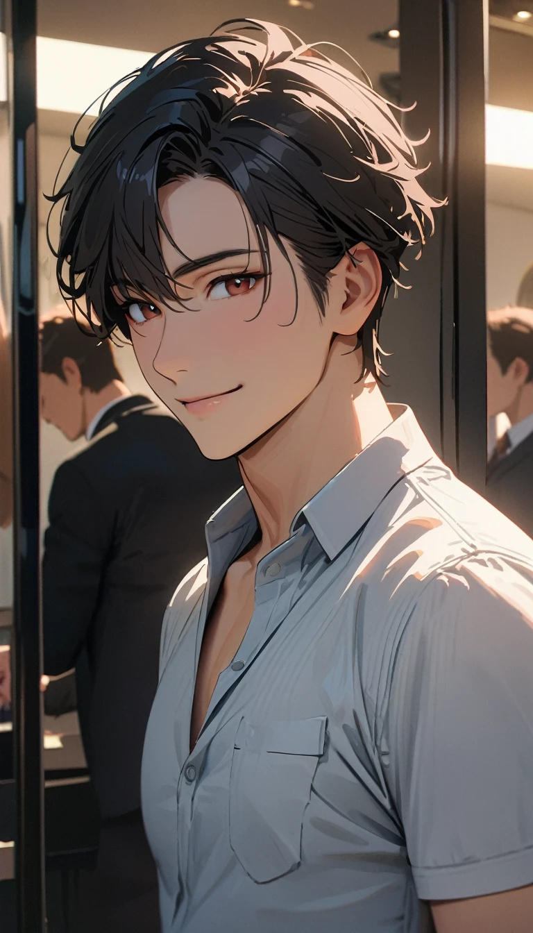 28 years old ,masterpiece , modern, Verism, masterpiece, super detail, best quality, 4K , A handsome man, black hair, short hair, light smile, happy