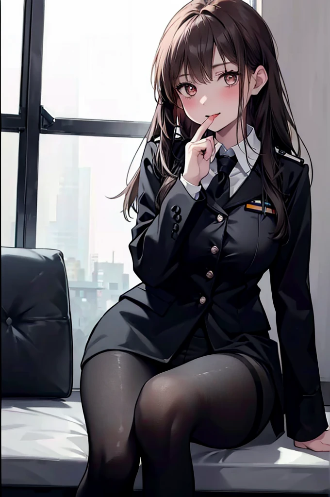 1 Girl:1.3), Solitary, __body parts__ Delicate and realistic skin, Pale skin, Large target, Official Art, Unity 16K Wallpaper, Ultra Detailed, beauty, masterpiece, best quality, Awesome atmosphere, Calming color palette, A calm mood, Soft shadows, Airline stewardess, charm，((Large Breasts))，Black tights，Police Uniform，（(Black leggings)),sweater,blush，liquid，cute，Stick out your tongue，Tights