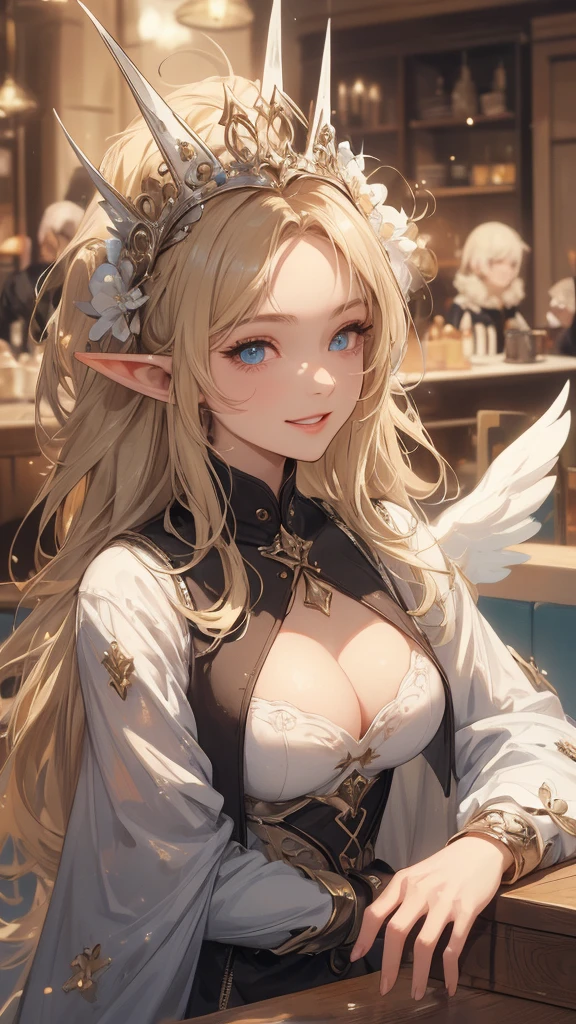 work of art, epic details, ultra detaild, best resolution, Woman, blonde, (BEAUTIFUL ELF), hat on head ((rosto angelical)), sculptural body, wearing a chunky brown fur coat, wearing blue sunglasses ((perfect hands))), ((expression of happiness)), (Grinning), great smile, Simple smile, Scenario: in a coffee shop, supper: having fun, no mistakes, (((epic details na face))), (((ultra perfect eyes)))