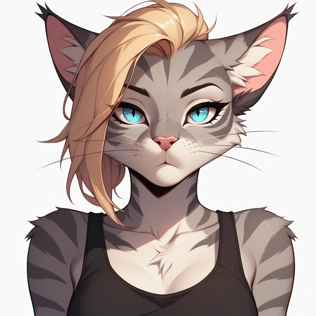 score_9,score_8_up,score_7_up, score_6_up, score_5_up, source_cartoon, flat colors, no shading, Kat, Anthro furry feline, silver fur, grey stripes on body, blue eyes, long blonde hair, undercut hair, pink nose, :3, wearing black tank top, exaggerated expression, upper body shot, mouth closed, eyes half open, jitome, expressionless, looking at viewer, cowboy shot, upper body shot, bored, simple white background, 
