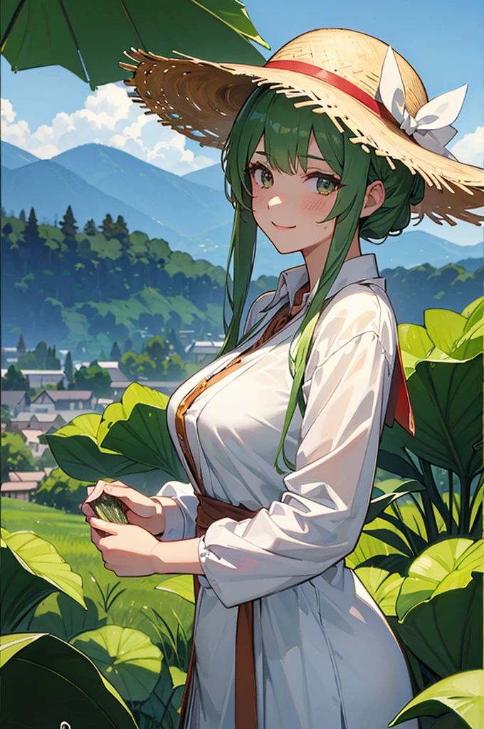 masterpiece, best quality, ultra detailed, 4K, no bad anatomy and fingers, beautiful young girl harvesting cucumbers, 20-year-old beautiful girl in a long-sleeve work outfit and a straw hat, shiny hair and eyes, sweating, smiling, resembling Prinz Adalbert or Anchorage from Azur Lane, cucumber field run by professional farmers in Shizuoka, delicious-looking cucumbers, Alps mountains visible in the distance, anime style, layered watercolor painting, rustic, triangular composition, cinematic