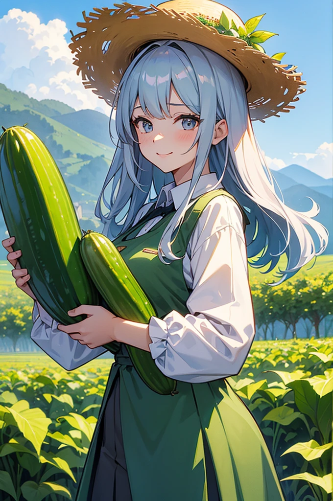 masterpiece, best quality, ultra detailed, 4K, no bad anatomy and fingers, beautiful young girl harvesting cucumbers, 20-year-old beautiful girl in a long-sleeve work outfit and a straw hat, shiny hair and eyes, sweating, smiling, resembling Prinz Adalbert or Anchorage from Azur Lane, cucumber field run by professional farmers in Shizuoka, delicious-looking cucumbers, Alps mountains visible in the distance, anime style, layered watercolor painting, rustic, triangular composition, cinematic