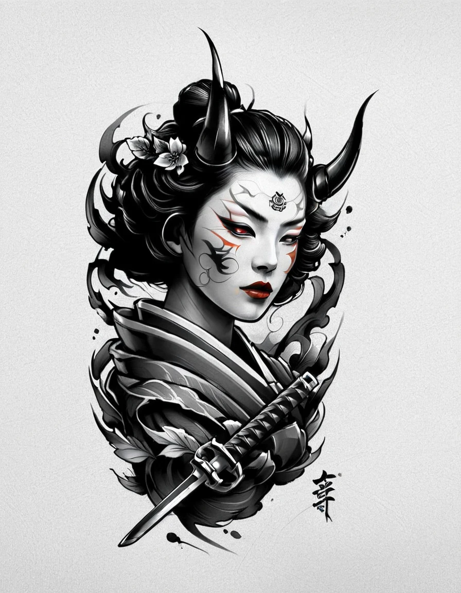 (((Solo geisha Wearing a demon hannya mask))), creative logo black and white vector portrait profile of a geisha wearing a hannya mask, sword, autumn leaves, the contrast between the black and white and the colors is crispy featuring the word (HONOR), digital art work by dan mumford, carne griffith, sketch, high definition, negative space, vivid colors, tshirts design, (Unity 16K Wallpaper, masterpiece, Best Quality, high quality, Ultra-detailed, extremely details), (((Solo geisha Wearing a demon hannya mask))), creative logo black and white vector portrait profile of a geisha wearing a hannya mask, sword, autumn leaves, the contrast between the black and white and the colors is crispy featuring the word (HONOR), digital art work by dan mumford, carne griffith, sketch, high definition, negative space, vivid colors, tshirts design,