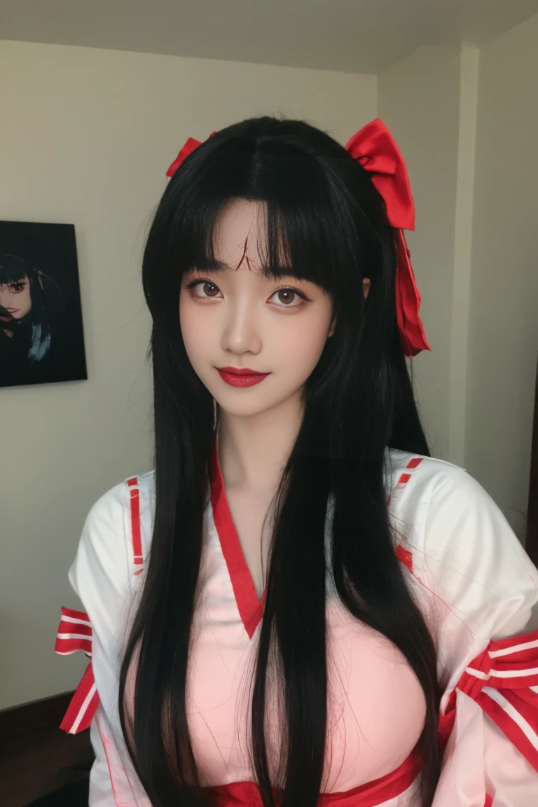 best quality, tmasterpiece,Ultra-high resolution,Clear face,(Reality:1.4),ferpect lighting,(upper body:1.3), (photorealistic:1.50), anime wallpaper, Guviz style artwork, cover-up fantasy up to magic , by Yang J, Guviz, beautiful artwork illustration, beautiful digital artwork, beautiful digital illustration, Li Song, beautiful anime portrait, art style in Beauvot, 1girl, 独奏, long hair, (twintails:1.5), hair ribbon, (black hair:1.5), bangs, (purple eyes), double eyelids, blush, Red cheeks, Sleeveless, white dress, (Hanfu), (Chinese dress), (medium breast:1.5), shagging breasts, Cleavage, indoor, room, (standing), (looking at viwer), smile,