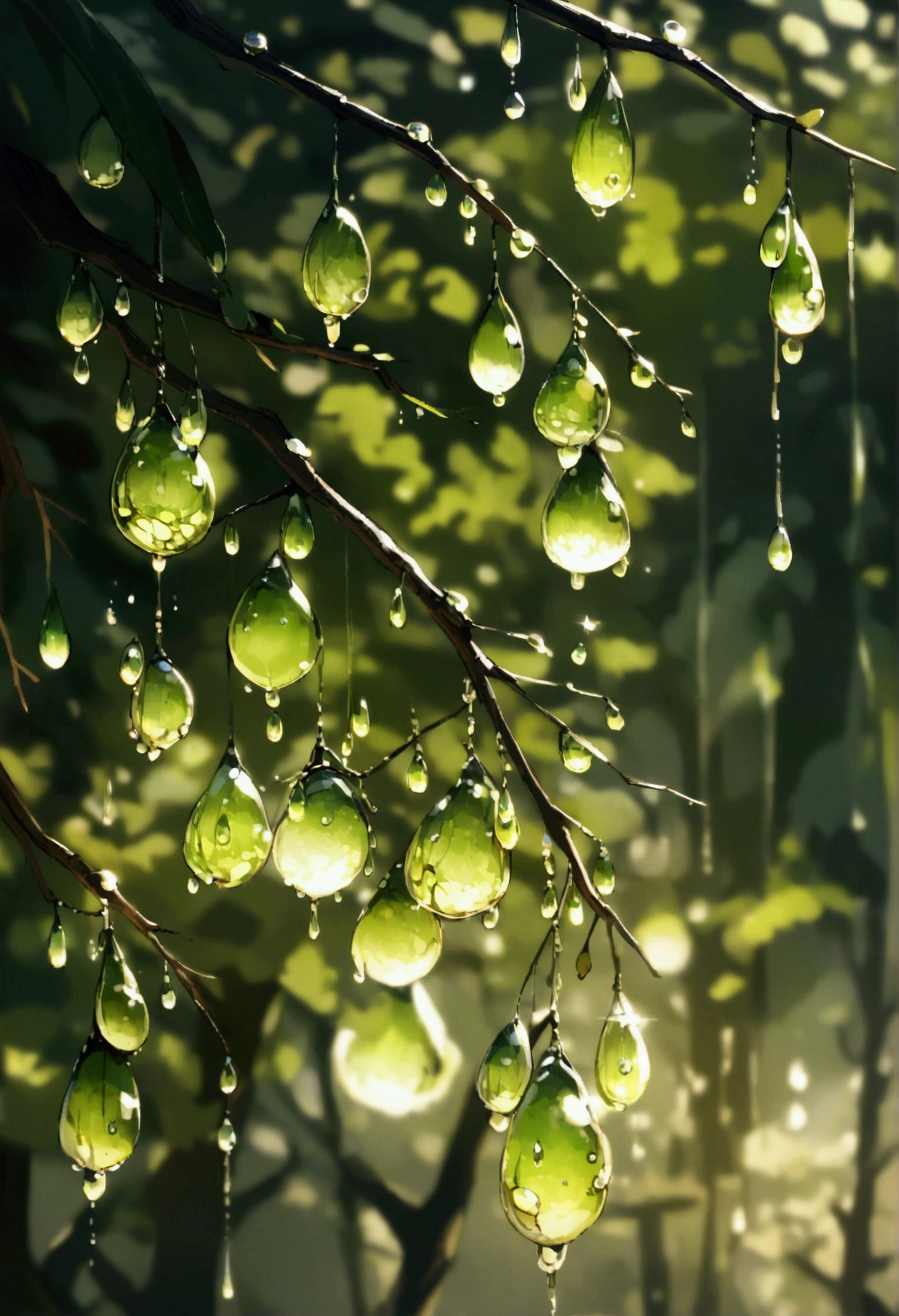 A beautiful scene of nature in a dew drops hanging from a branch