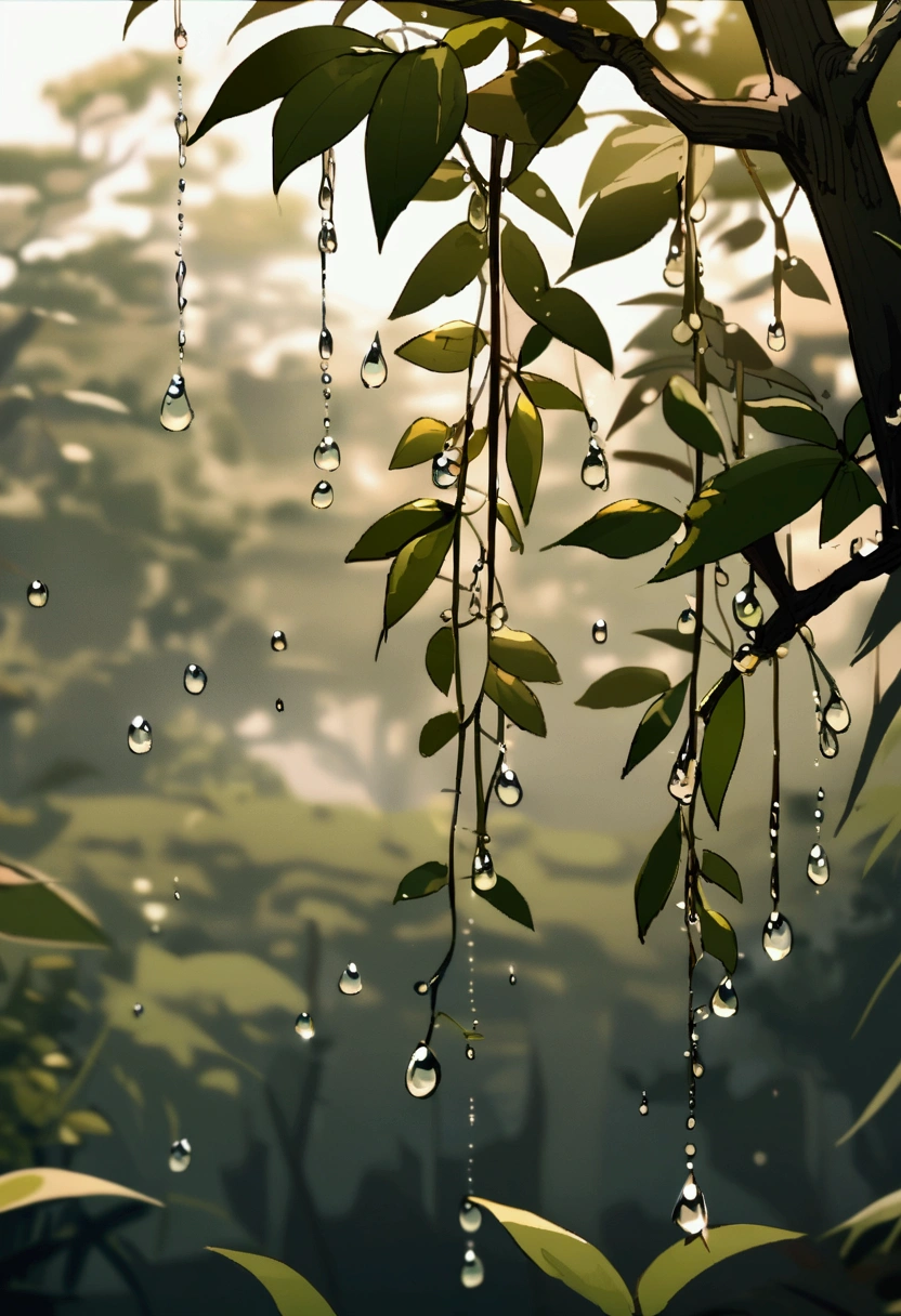 A beautiful scene of nature in a dew drops hanging from a branch