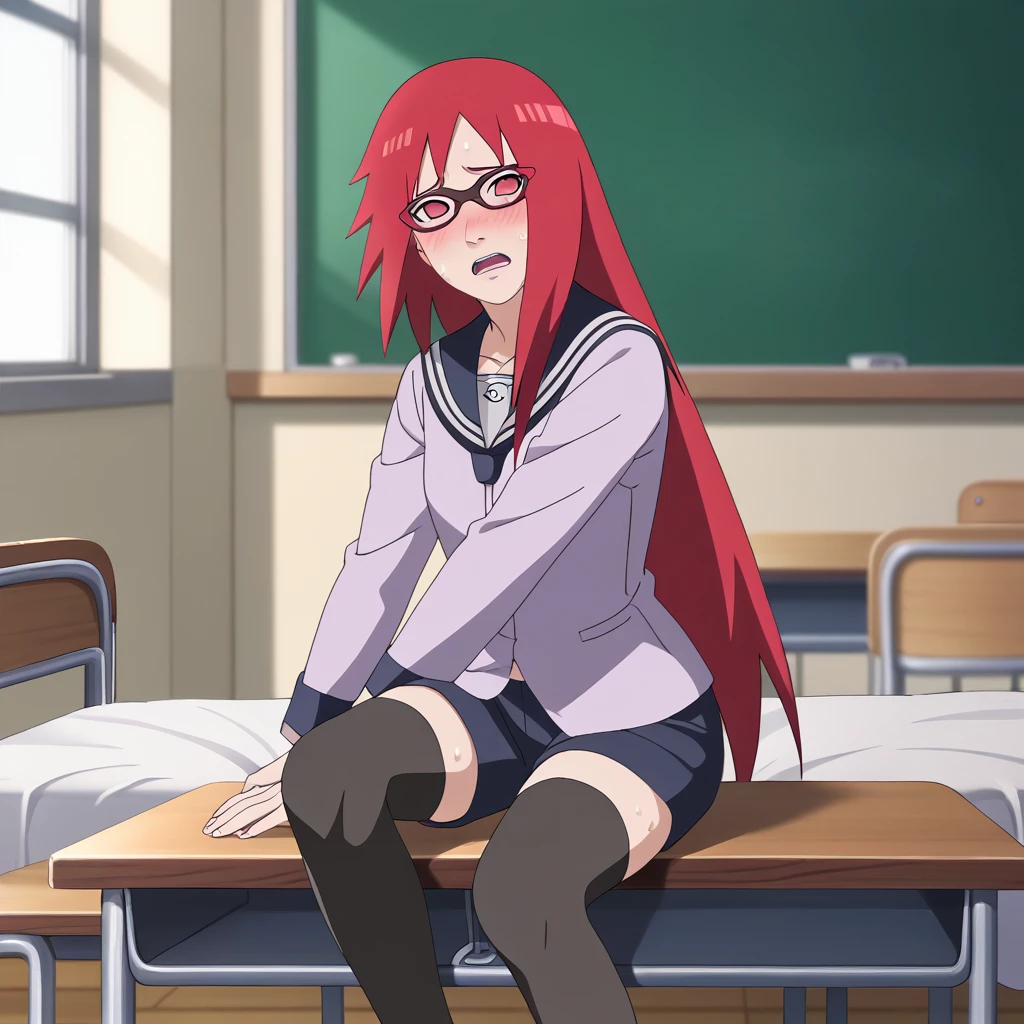 Red hair, 1 Girl, Glasses, Long hair, Red Eyes, Solitary, Sailor Suit, Black over-the-knee stockings, Black shorts, Umbilical cord, Looking at the audience，No students, Japanese cartoons screencap, Japanese cartoons coloring,src_Japanese cartoons,Naruto \(series\), Naruto shippuuden,（（blush，nervous，Vision，classroom，bookshelf，sit on the chair，））masterpiece， absurd ， （Intricate details）， （Colorful）， light， Extremely detailed CG Unity 8k wallpaper ，1 Girl， solo，（shy，classroom，night，blush，nervous，Sweating，蕾丝dress， ），sweat，blush，blush1.5，Blush，Medium chest，（（dress，Black stockings，）），（dress，Lying in bed，Uncomfortable expression，Mouth open，spit）